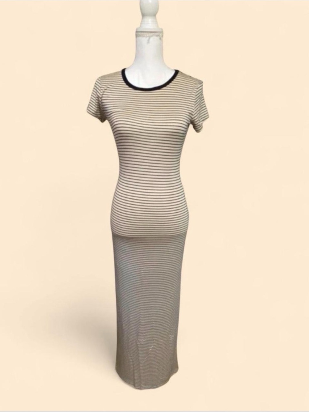 Striped Short-Sleeve Maxi Dress in Cream and Navy